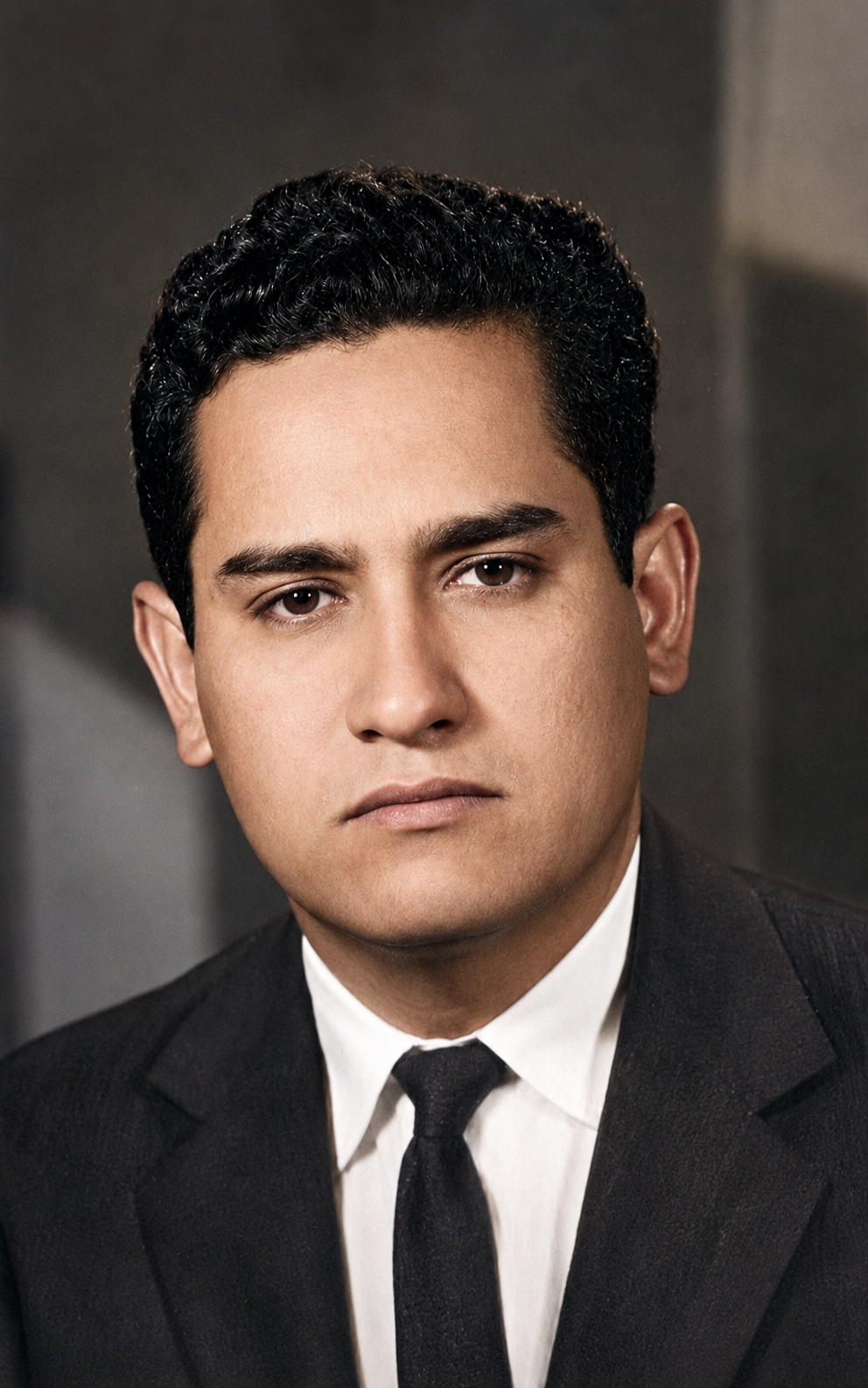 Restauración en color del retrato de hombre de cabello rizado, traje oscuro y corbata