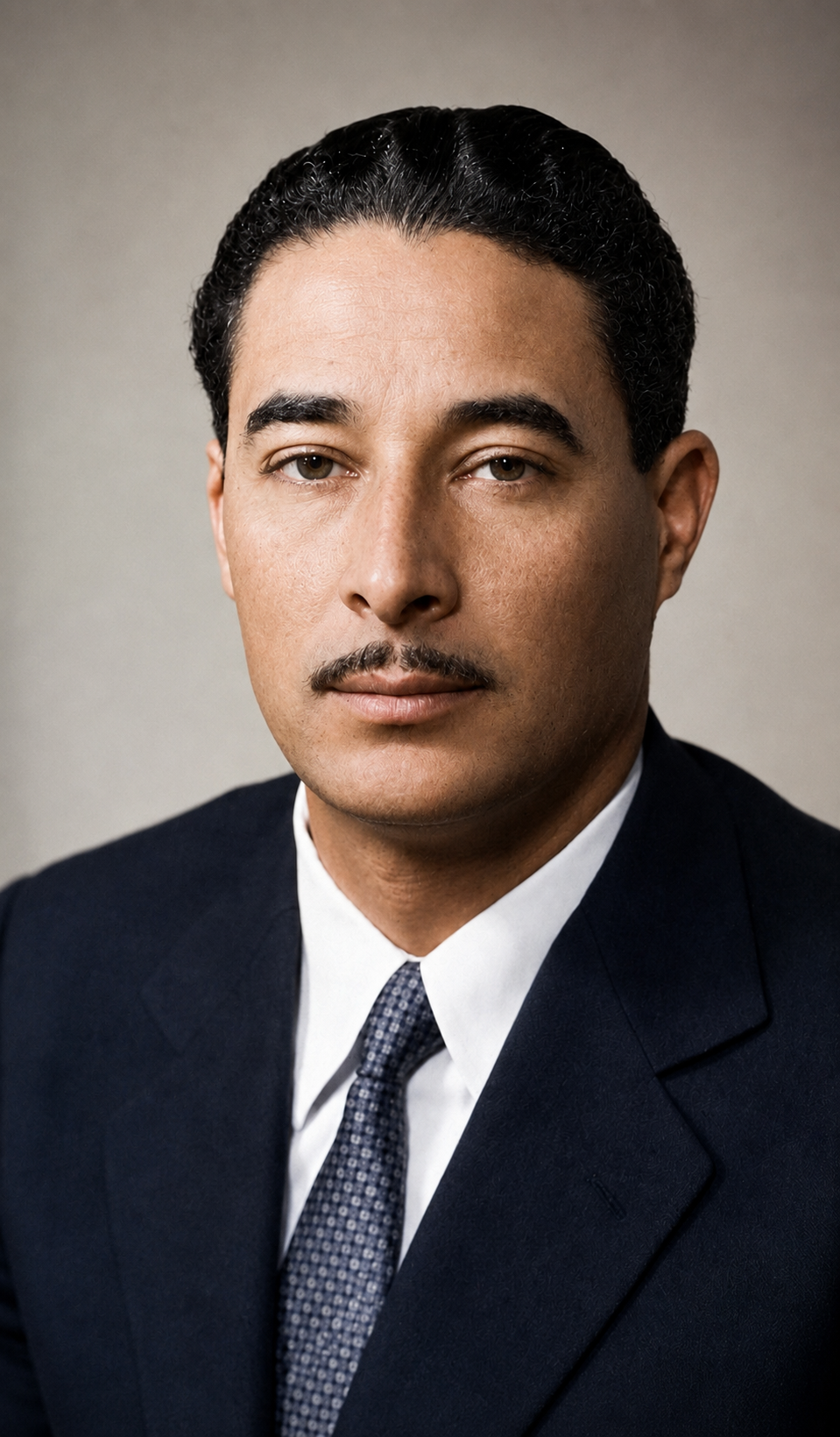 Restauración en color del retrato de hombre con bigote, traje y corbata estampada